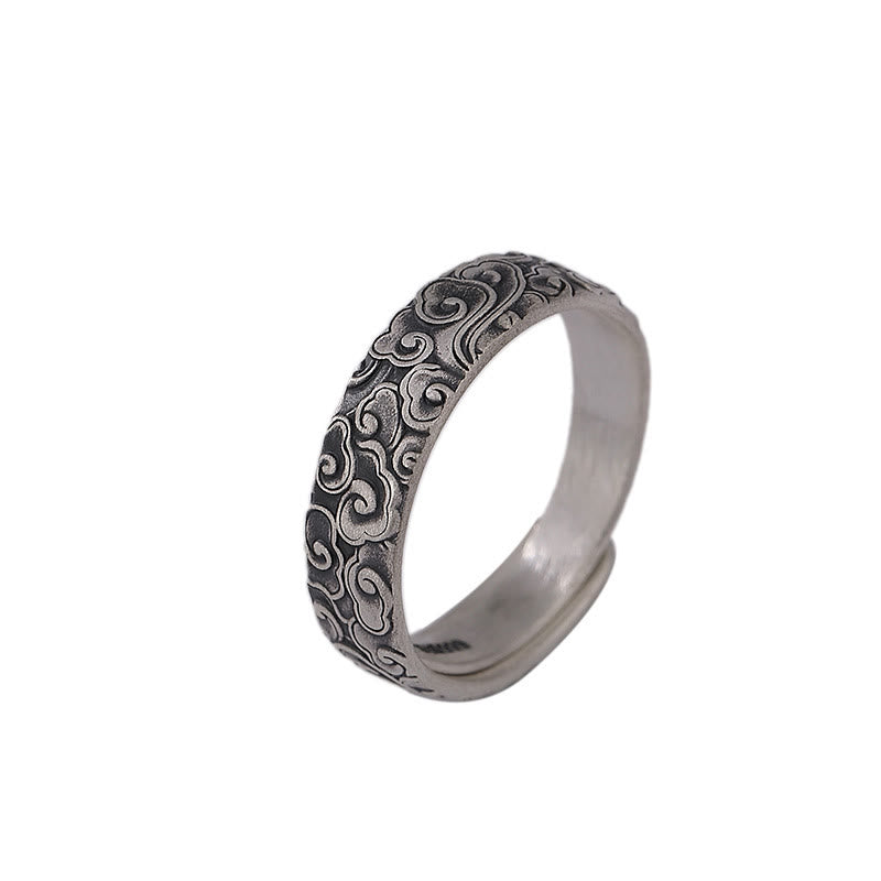 999 Sterling Silver Lotus Flower Plum Blossom Auspicious Clouds Engraved Enlightenment Ring