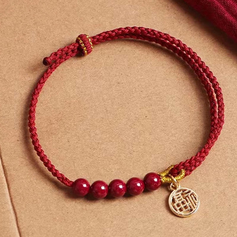 Cinnabar Fu Character Beads Blessing Red String Handmade Braided Bracelet