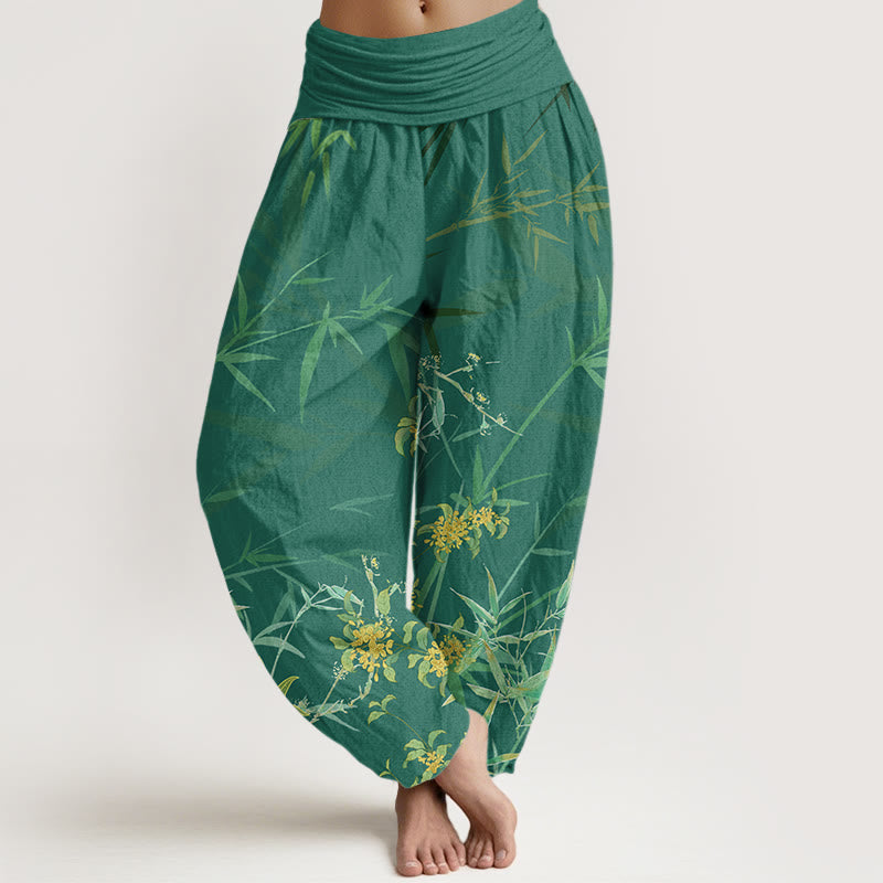 Blooming Flowers Bamboo?Pattern Women's Elastic Waist Harem Pants