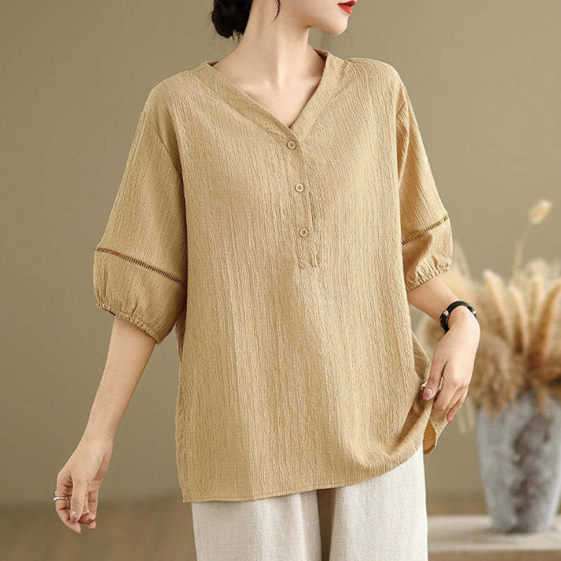 Summer Casual Pure Half Puff Sleeve Half Button V-neck Women's T-Shirt
