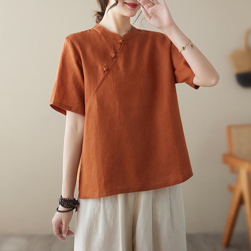 Solid Color Frog-Button Short Sleeve Cotton Linen Shirt