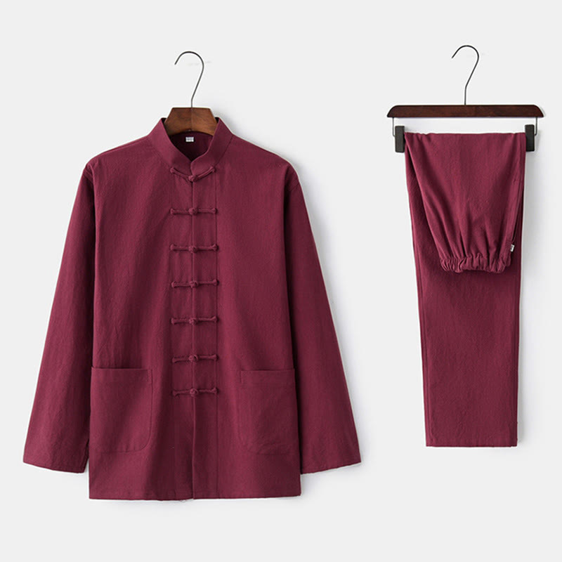 Frog-Button Tang Long Sleeve Shirt Pants Men's Suit