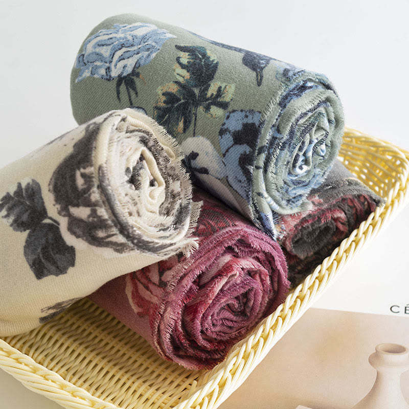 Tibetan Shawl Garden Style Rose Flower Print Fall Winter Soft Warm Scarf Wrap