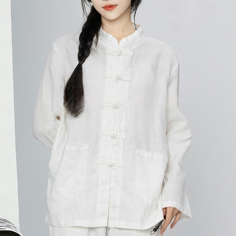 Solid Color Frog-button Long Sleeve Linen Women's Shirts With Pockets