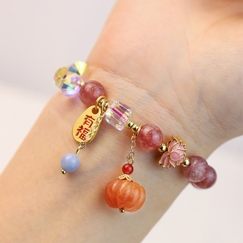 Natural Strawberry Quartz Fu Character Pumpkin Charm Positive Bracelet