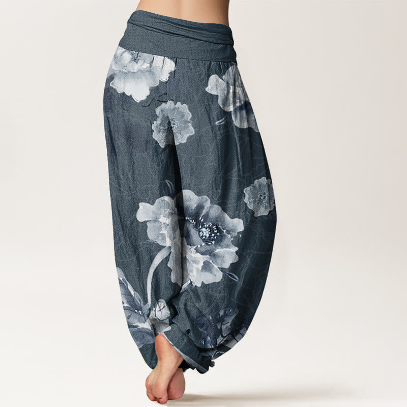 Folwers With Leaves Pattern Women's Elastic Waist Harem Pants