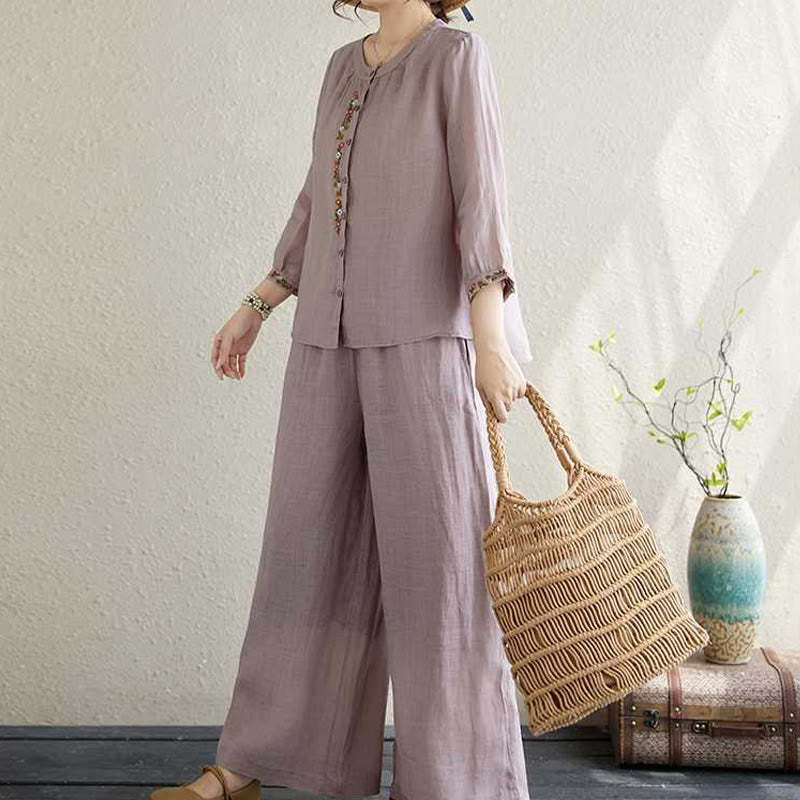 2Pcs Cotton Embroidery Flowers Shirt Top Pants Meditation Zen Tai Chi Clothing Women's Set