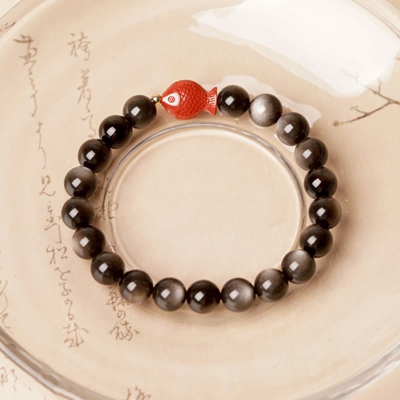 Natural Silver Sheen Obsidian Cinnabar Koi Fish Soothing Protection Bracelet