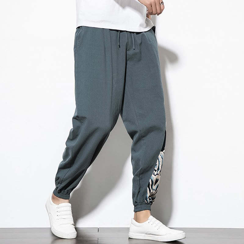 Summer Dragon Waves Cotton Men's Pants With Pockets