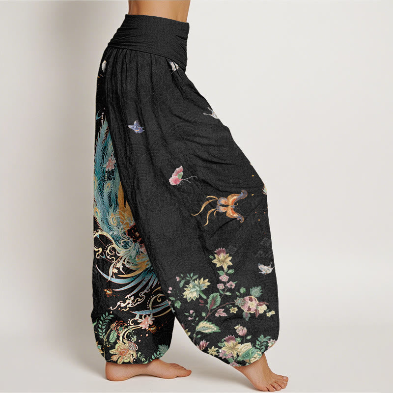 Casual Colorful Phoenix Butterfly Floral Pattern Women's Elastic Waist Harem Pants