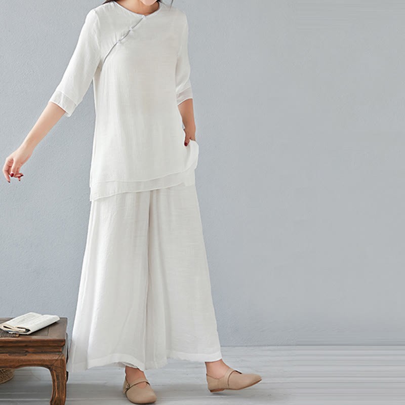2Pcs Three Quarter Sleeve Long Sleeve Shirt Wide Leg Pants Meditation Cotton Linen Clothing Women's Set
