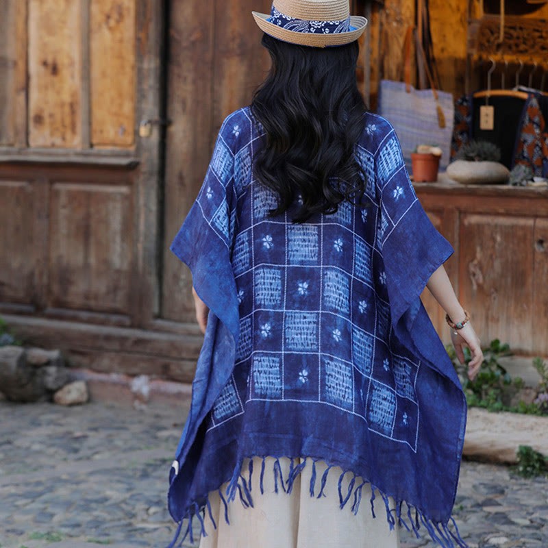 Blue Color Block Plaid Shawl Tassels Soft Pullover 90*95cm