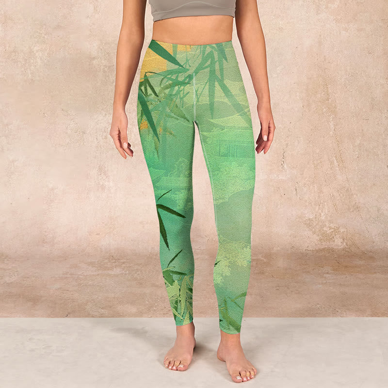 Green Bamboo Pavilion Print Gym Leggings Women's Yoga Pants