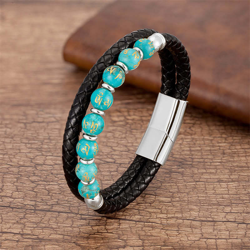 Black Onyx Turquoise Tiger Eye Red Agate Om Mani Padme Hum Strength Leather Bracelet