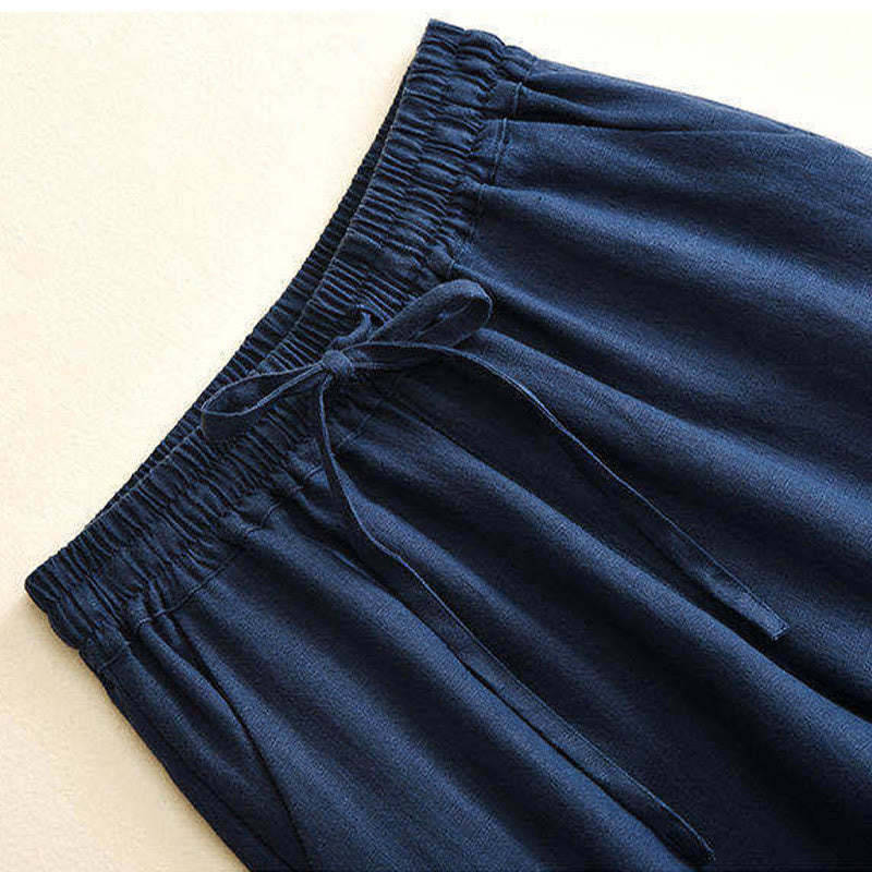 Casual Cotton Linen High Waist Lace-up Wide Leg Pants With Pockets