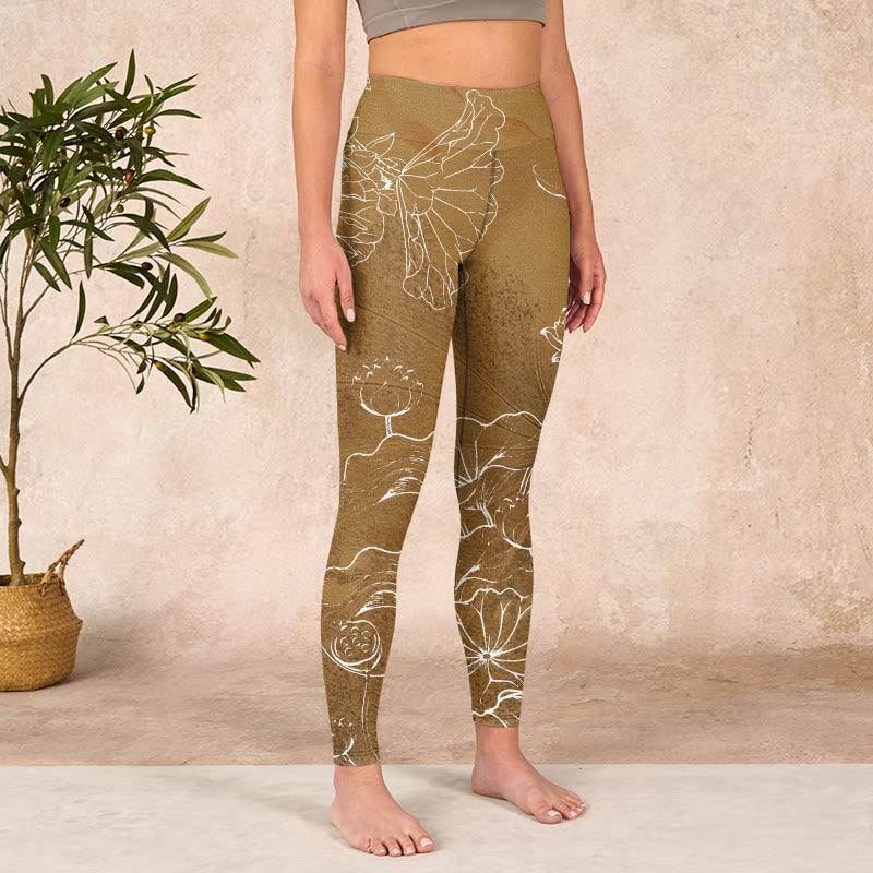 Goldenrod Lotus Flowers Leaves Print Gym Fitness Leggings Women's Yoga Pants