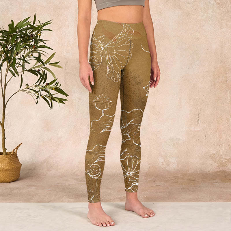 Goldenrod Lotus Flowers Leaves Print Gym Fitness Leggings Women's Yoga Pants
