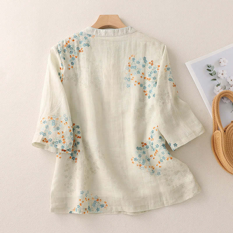 Blue Flowers Orange Leaves Frog-Button Three Quarter Sleeve Cotton Linen Shirt