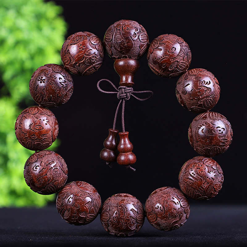 Chinese Zodiac Rosewood Ebony Boxwood Copper Coin PiXiu Carved Warmth Bracelet