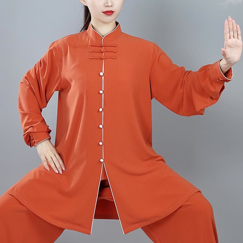 2Pcs Fall Solid Color Frog-Button Tai Chi Meditation Qigong Zen Practice Unisex Cotton Clothing Set