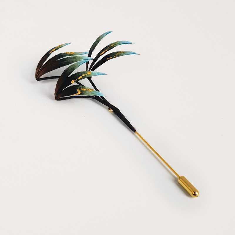 Handmade Velvet Flower Mulberry Silk Green Bamboo Leaves Brooch