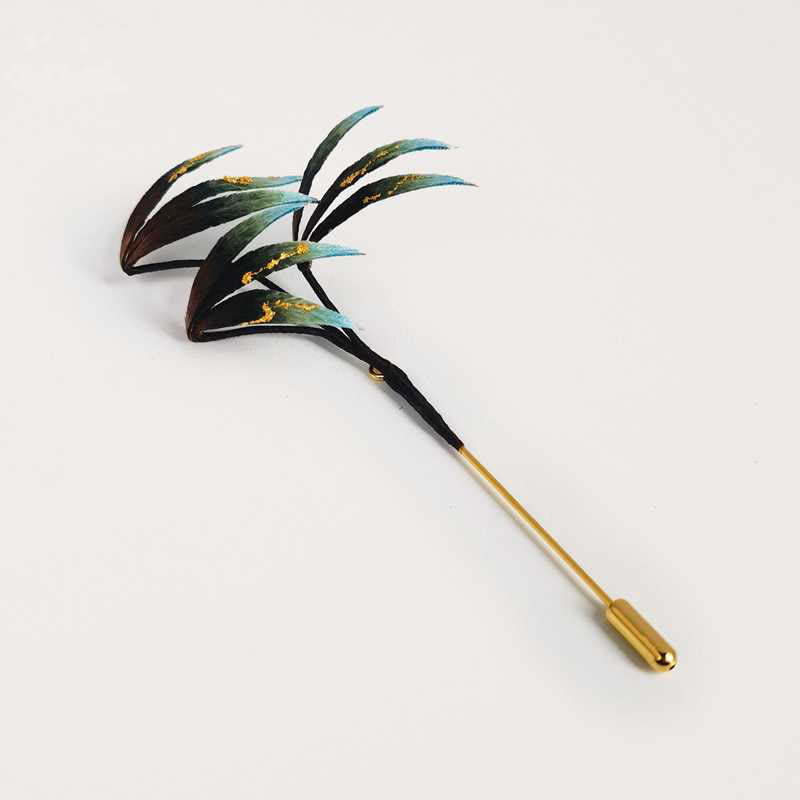 Handmade Velvet Flower Mulberry Silk Green Bamboo Leaves Brooch