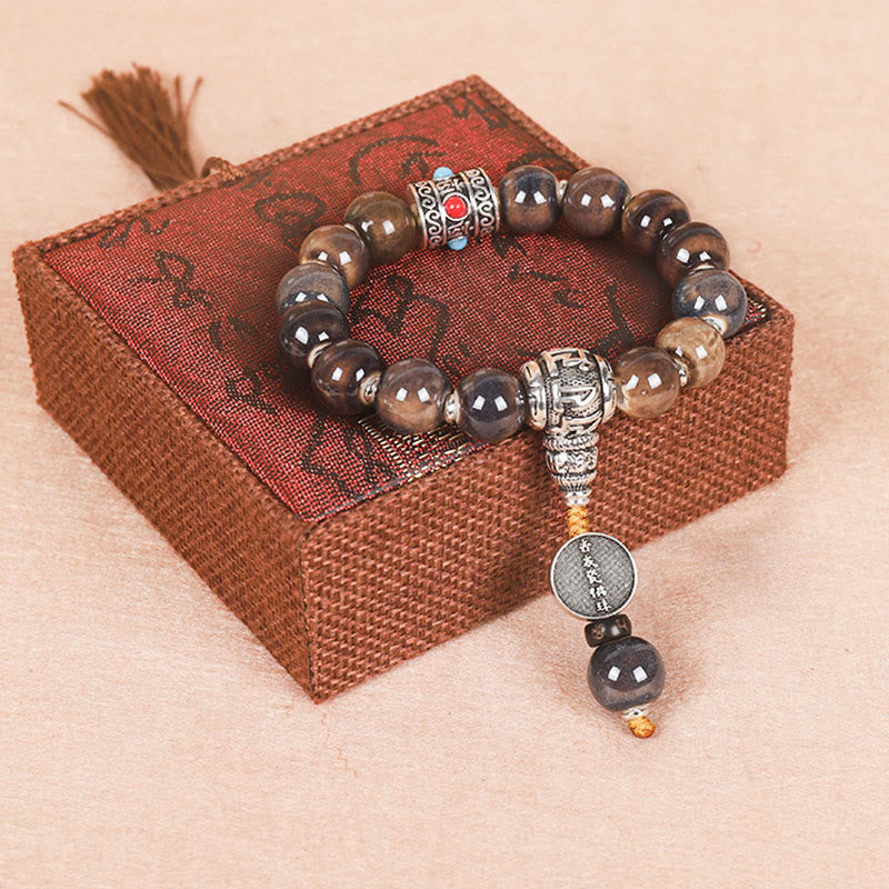 Tibet Om Mani Padme Hum Prayer Wheel Dorje Vajra Engraved Glass Bead Wisdom Bracelet