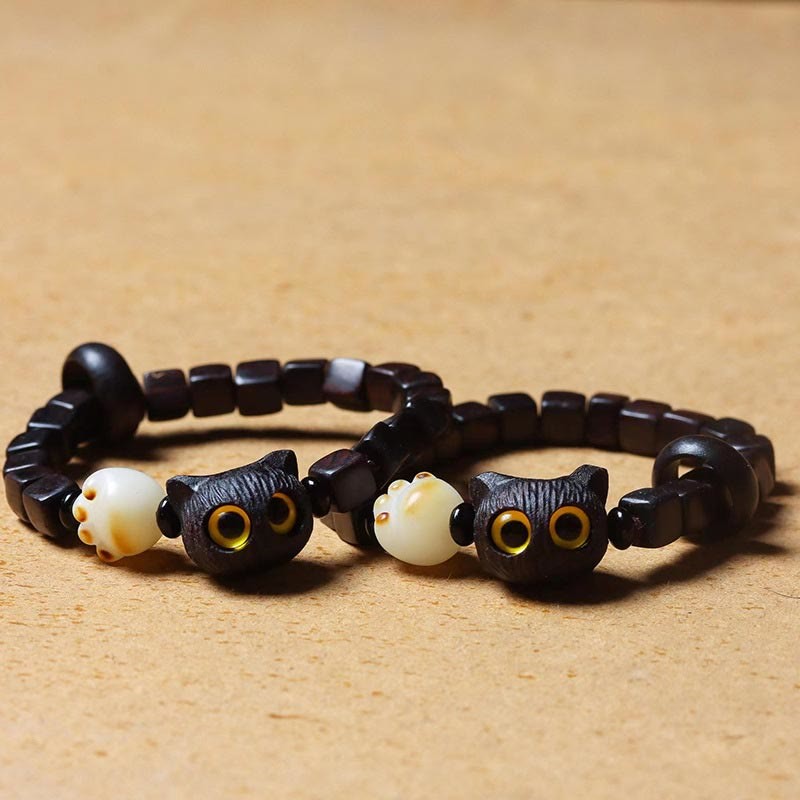 Ebony Wood Cute Cat Bodhi Seed Paw Claw Square Beads Calm Bracelet