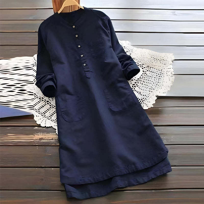 Solid Buttons Long Sleeve Cotton Linen Women's Shirt Dress With Pockets