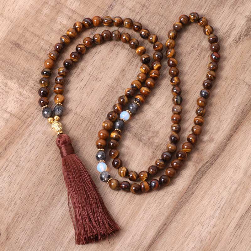 Tibetan Tiger Eye mystic zen Strength Power Beaded Tassel Pendant Necklace