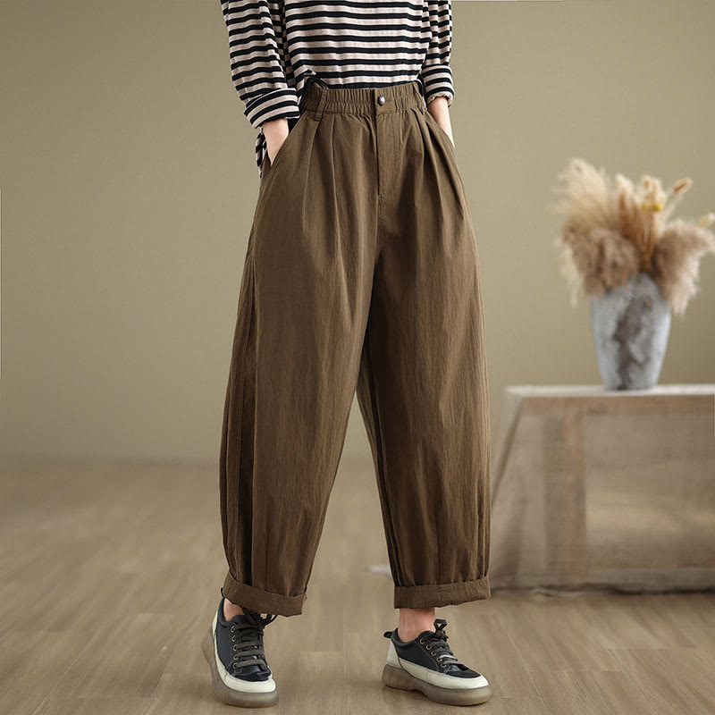 Casual Solid Color One Top Button Elastic Waistband Cotton Linen Women's Pants With Pockets