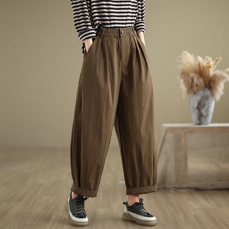 Casual Solid Color One Top Button Elastic Waistband Cotton Linen Women's Pants With Pockets