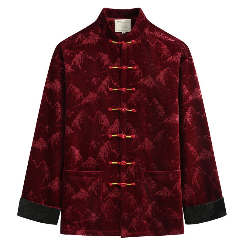Chinese New Year Landscape Print Handmade Frog-button Tang Suit Men's Jacket Shirt With Pockets