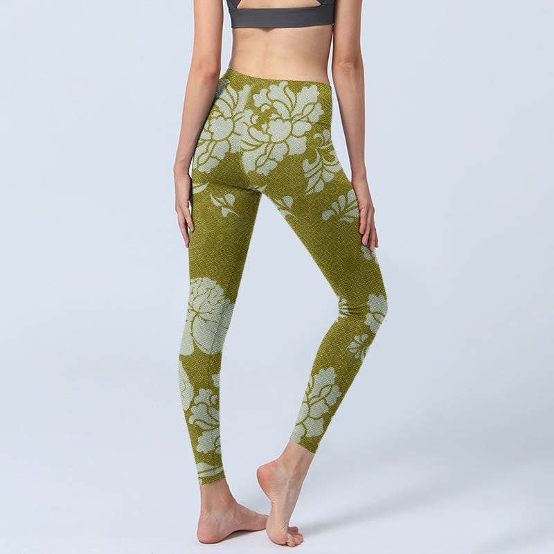 Monochrome Flowers Print Gym Leggings Women's Yoga Pants