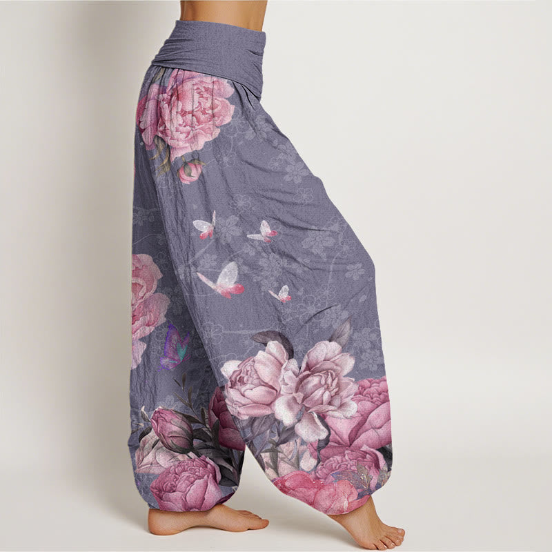 Casual Bright Peony Flower Butterfly Women's Elastic Waist Harem Pants
