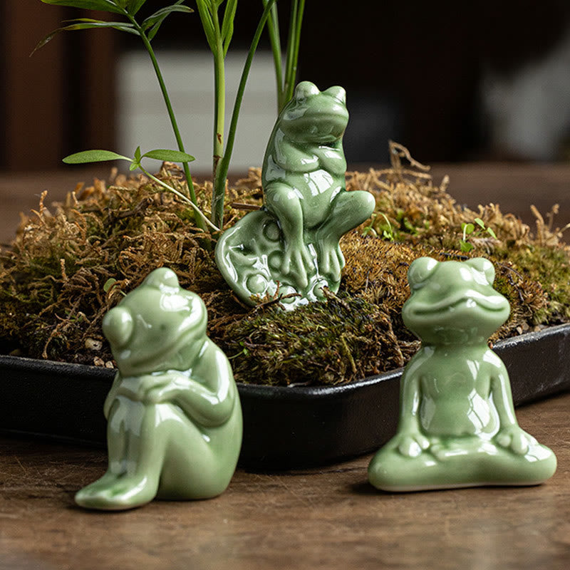 Mini Small Meditation Lotus Resting Frog Ceramic Wealth Luck Home Tea Pet Figurine Decoration