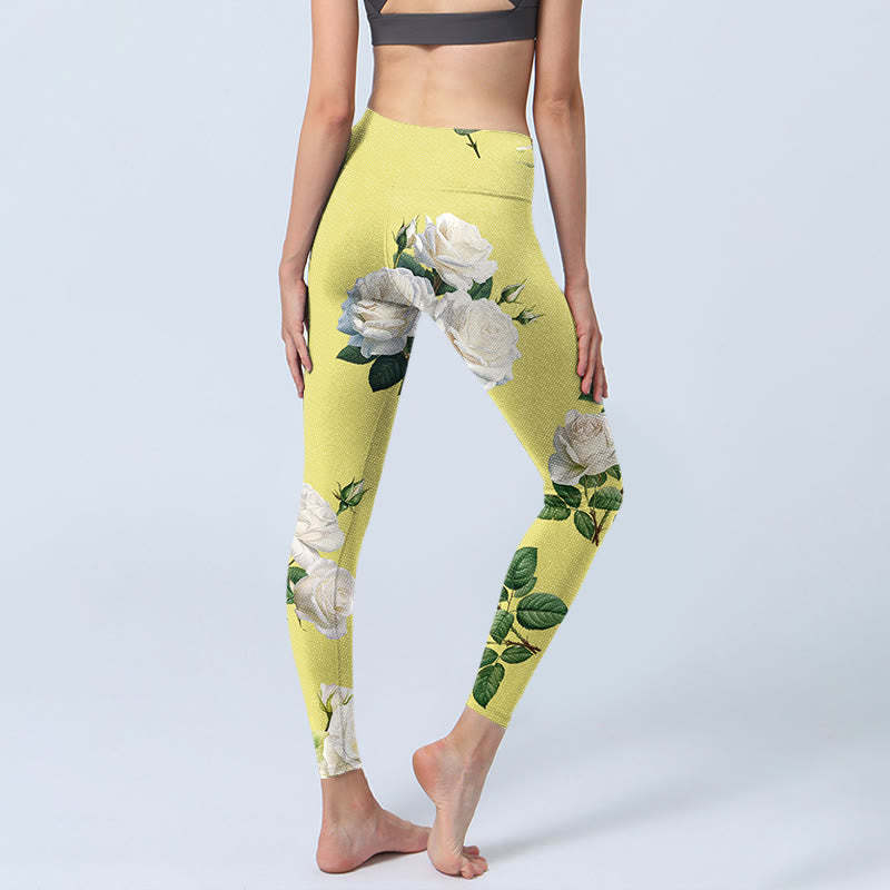 Yellow White Rose Print Sports Leggings Women's Yoga Pants
