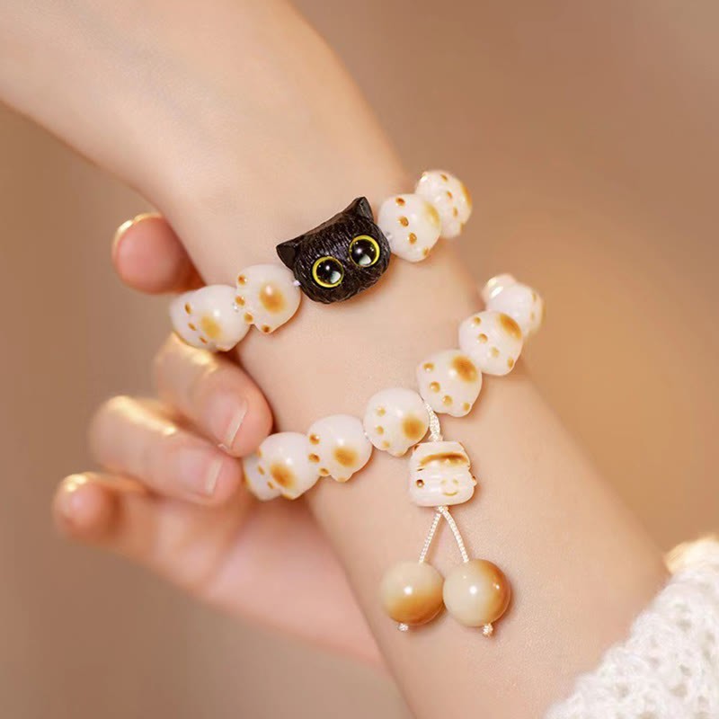 Natural Bodhi Seed Red Sandalwood Lovely Paw Lucky Cat Peace Bracelet