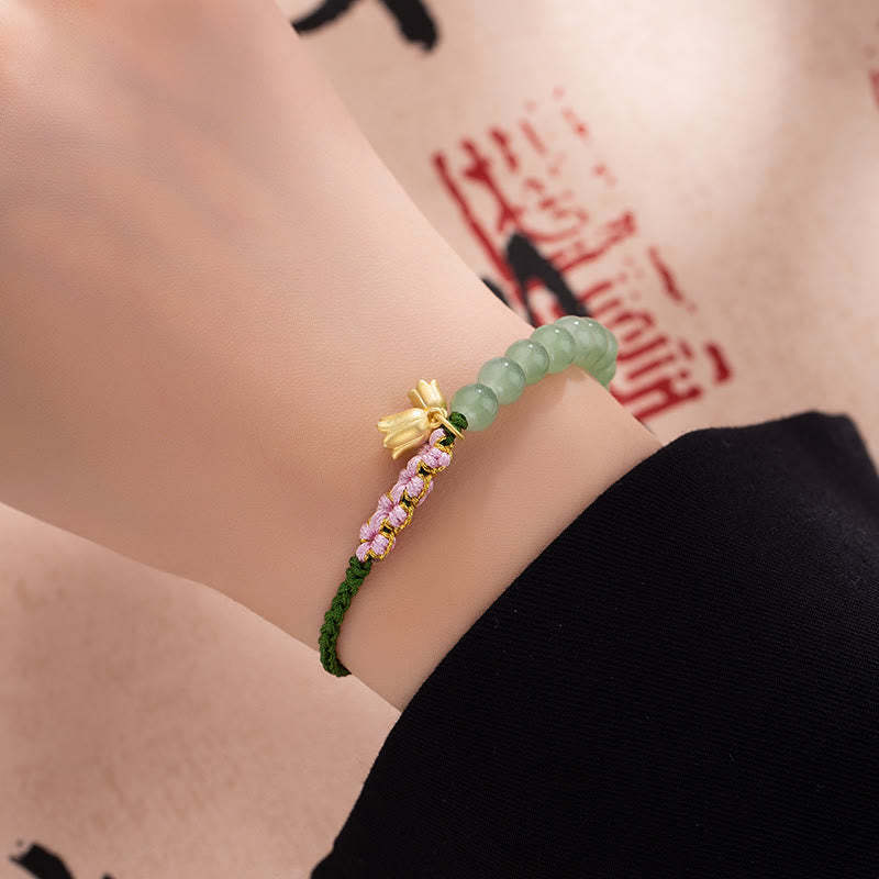 Handmade Jade Bead Lily of the Valley Charm Luck Braided Bracelet
