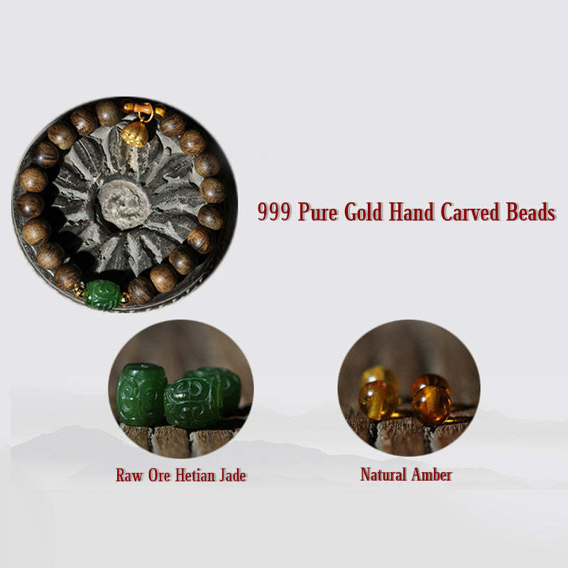 999 Gold Brunei Agarwood Cyan Jade Lotus Flower Peace Strength Bracelet