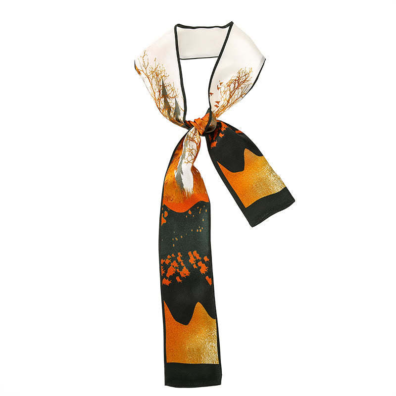 Dunhuang Frescoes Mountains Sunset Floral Pattern 100% Mulberry Twilly Silk Neck Hair Scarf