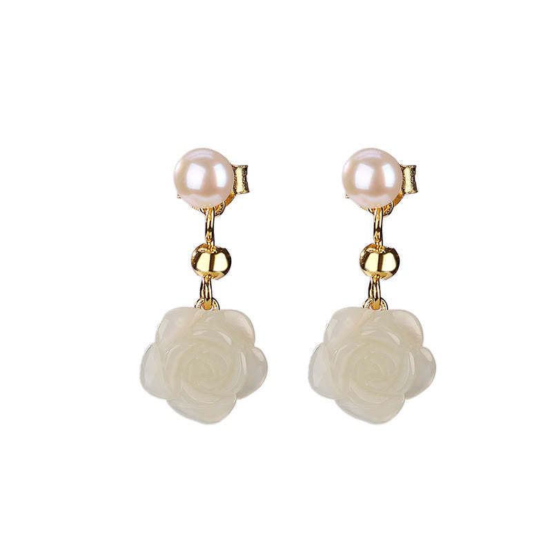 925 Sterling Silver Plated Gold Jade Rose Flower Cyan Jade Pearl Luck Earrings