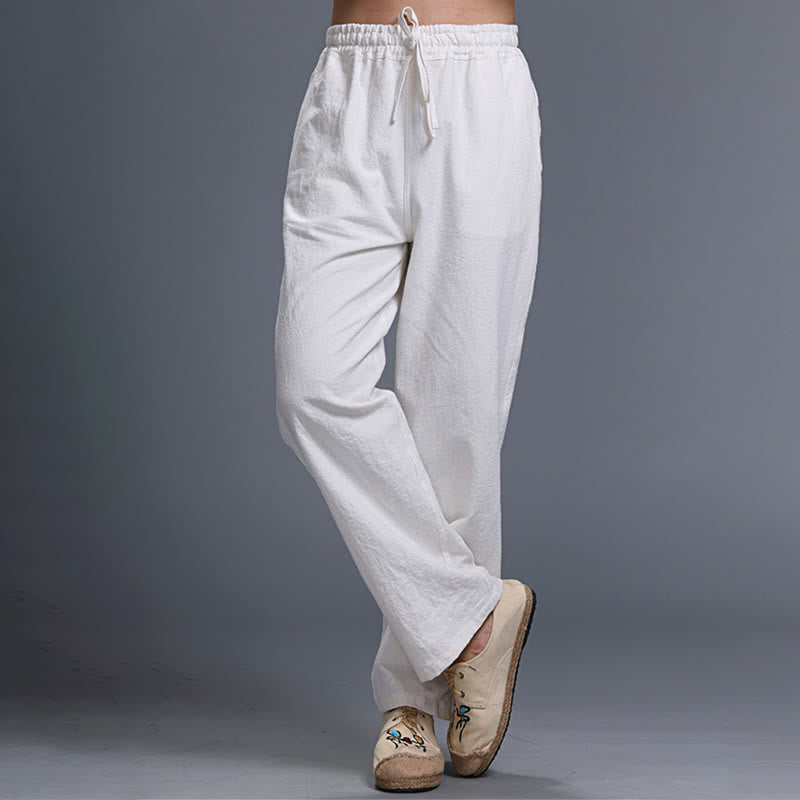Casual Plain Color Drawstring Linen Men's Pants With Pockets