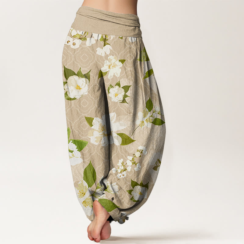 Casual White Magnolia Flowers Leaves Women's Elastic Waist Harem Pants