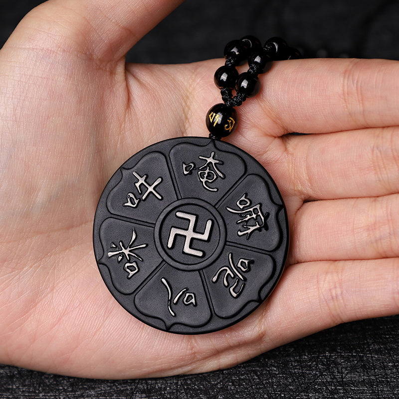 Natural Black Obsidian Tibetan Om Mani Padme Hum mystic zen Swastika Luck Necklace Pendant