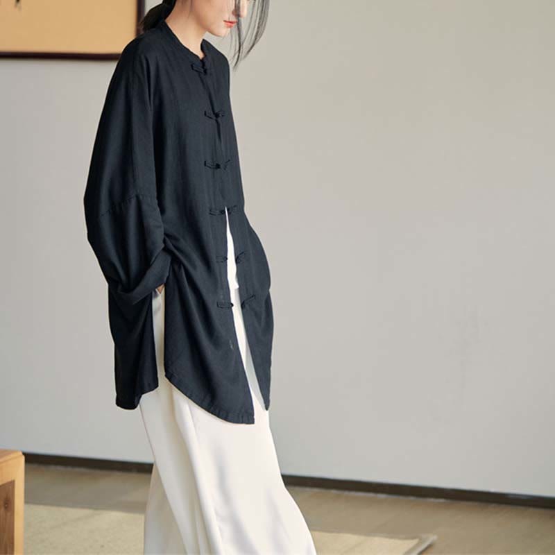 Plain Frog-Button Design Shirt Zen Tai Chi Meditation Top Clothing Cotton Linen Jacket