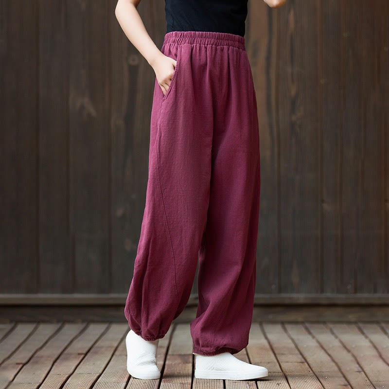 Casual Solid Plain Color Carrot Elastic Waistband Cotton Ramie Women's Pants With Pockets