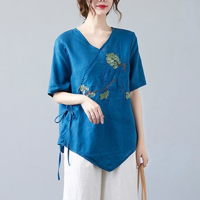 Summer Casual Ethnic Embroidery Flower Lace-up Short Sleeve V-neck Cotton Linen Women's T-Shirt
