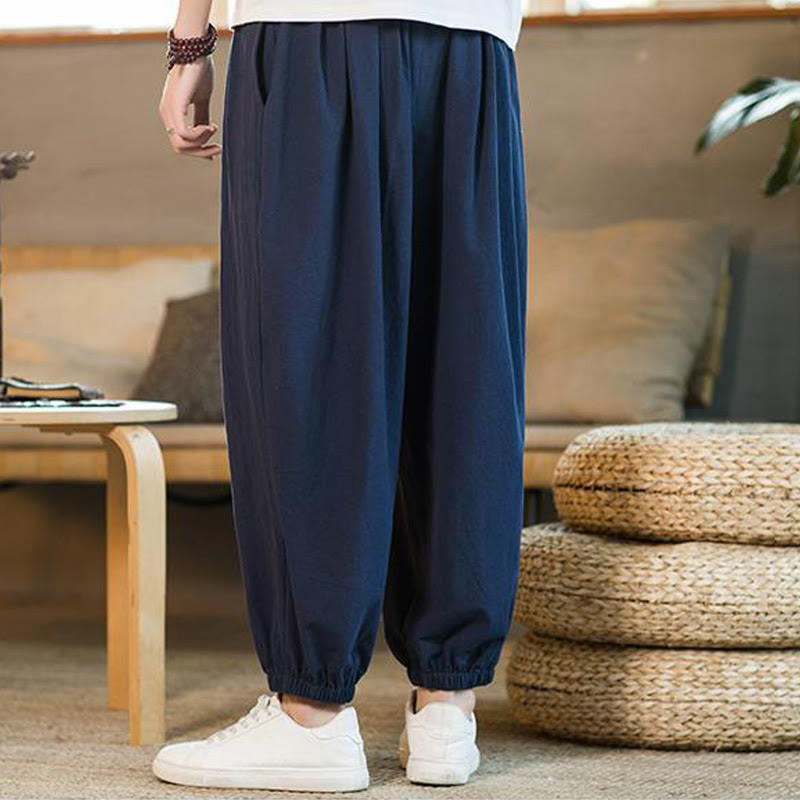 Plain Color Red Drawstring Linen Men's  Pants With Pockets