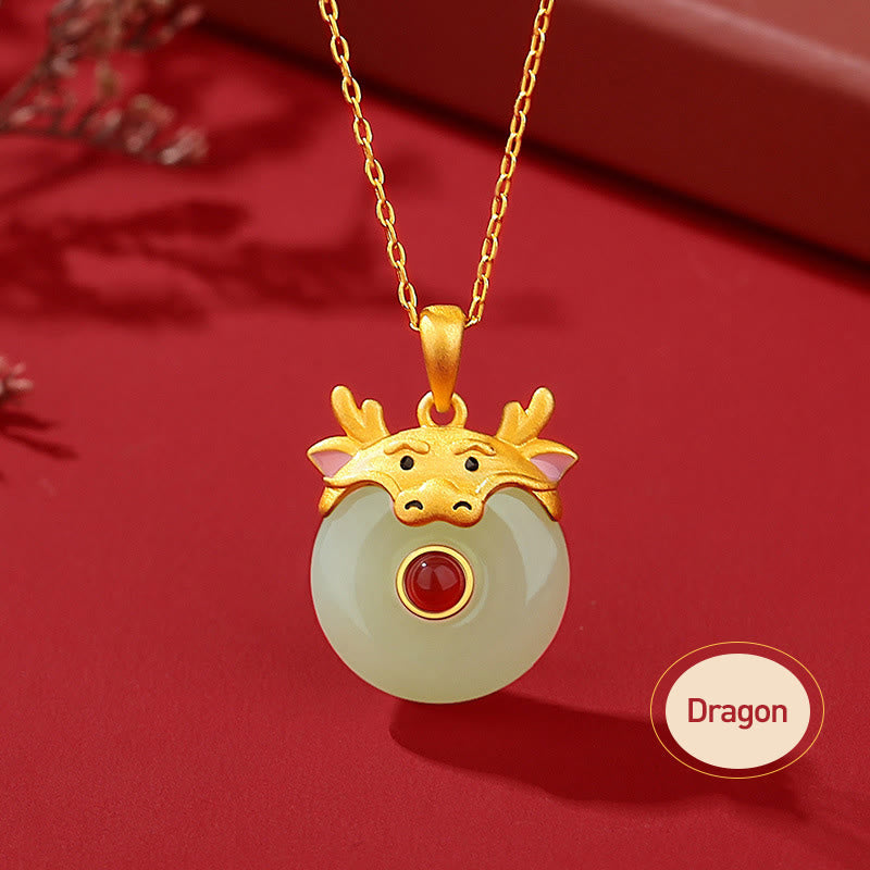 925 Sterling Silver Hetian Jade Chinese Zodiac Year of the Dragon Red Agate Luck Protection Necklace Pendant (Extra 30% Off | USE CODE: FS30)